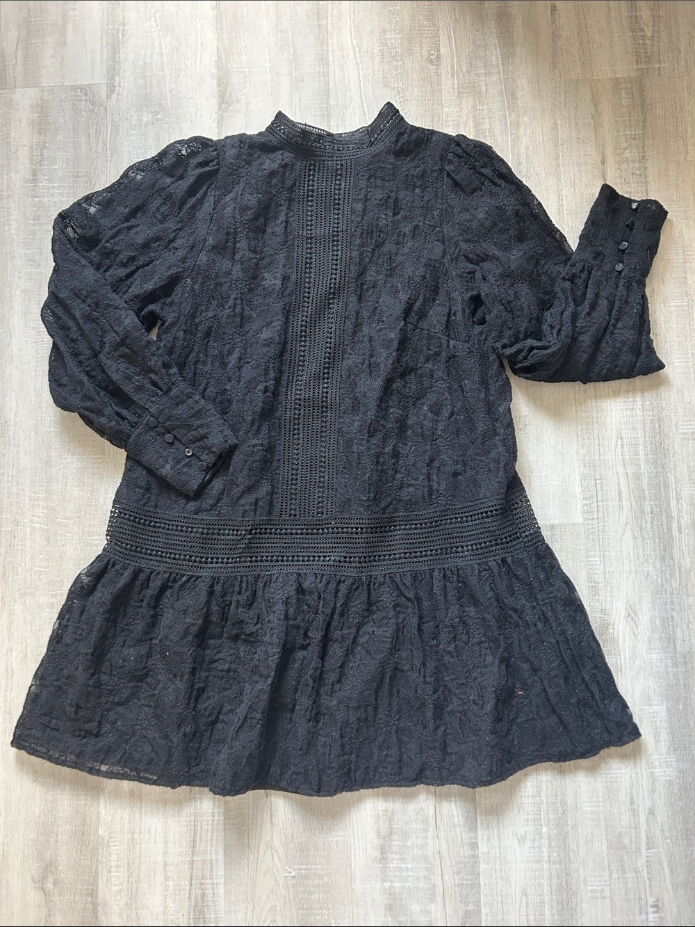 EN SAIMSON Mini Dress Black Lace Long-Sleeve Size M